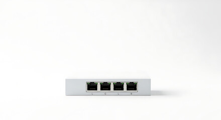 Close up shot of a white network switch with four ports on a white background in studio lighting ai generated