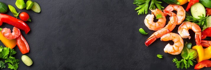 Shrimp and Vegetable Platter - Fresh shrimp and colorful vegetables arranged on a dark background, perfect for restaurant menus or healthy eating websites