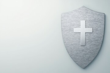 Silver Shield with Cross Symbol - A metallic silver shield featuring a simple cross, set against a light gray background. Ideal for security, faith, or protection concepts