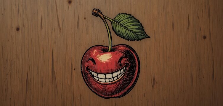 Glitchcore Cherry  A hyper digital cherry with a distorted grin and a corrupted leaf, featuring vibrant and saturated colors, overlaid with digital artifacts and code snippets.
