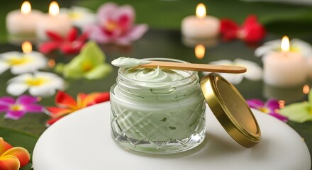 A jar of green cream or balm with a wooden spatula, surrounded by floating flowers and lit candles, suggesting a luxurious spa treatment or natural cosmetic product
