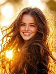 Sunset Smile Long Brown Hair Woman - A young woman with long, flowing brown hair smiles radiantly in the golden sunlight. The symbolizes joy, youth, beauty, nature, and warmth