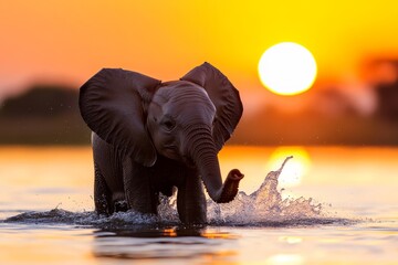 Sunset Splash: African Elephant Calf in Water - A young African elephant calf playfully splashes through water at sunset, symbolizing youth, nature, freedom, tranquility, and the beauty of the
