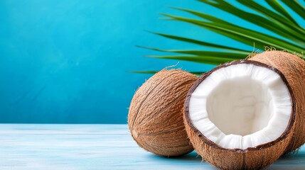 Tropical Delight: A Half-Opened Coconut and Whole Coconut - Summer, refreshment, tropical fruit, hydration, exotic vacation.
