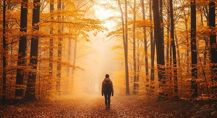 Lone wanderer immerses in vibrant autumn foliage, finding solace in nature