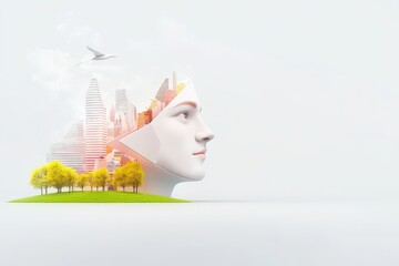 Urban Mind: Double Exposure Business Collaboration - Symbolizing innovation, collaboration, urban development, future vision and human potential through a double exposure of a head and city landscape