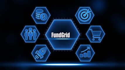 Fund Grid Business Growth Strategy Concept with Hexagonal Icons and Dark Background FundGrid  4k video . - Powered by Adobe