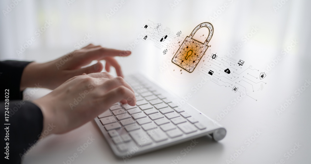 Poster cyber security safeguards data and systems. cyber security uses ai, digital security protects cloud,