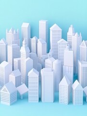 White Cityscape Skyline - A minimalist 3D of a white city skyline against a light blue background. Ideal for urban, architecture, and real estate concepts
