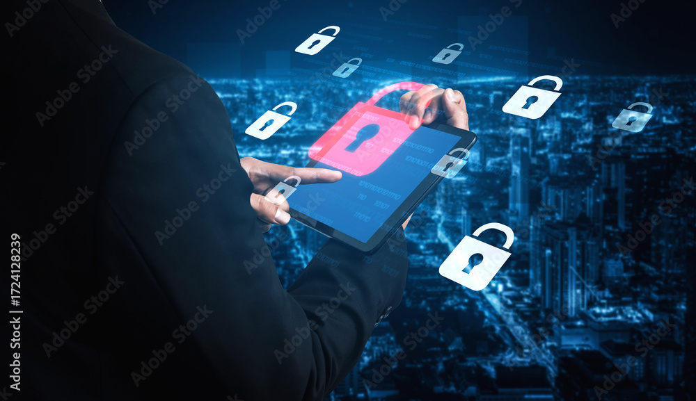 Poster digital security concept illustrating a cybersecurity breach, with a red unlocked padlock indicating