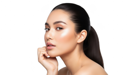 A beautiful young woman with flawless skin and a sleek ponytail, isolated on white isolated on transparent background