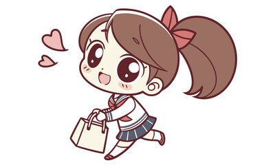 Excited Cartoon Schoolgirl with Shopping Bags and Hearts