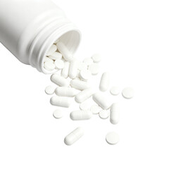 White pills and a pill tube isolated on a clean white background, ideal for medical concepts.