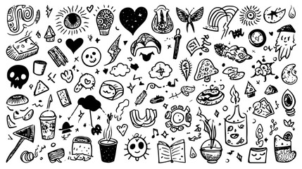 Hand-drawn doodles collection in black and white