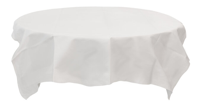 White tablecloth on the table empty mockup. Isolated clipping path on background.