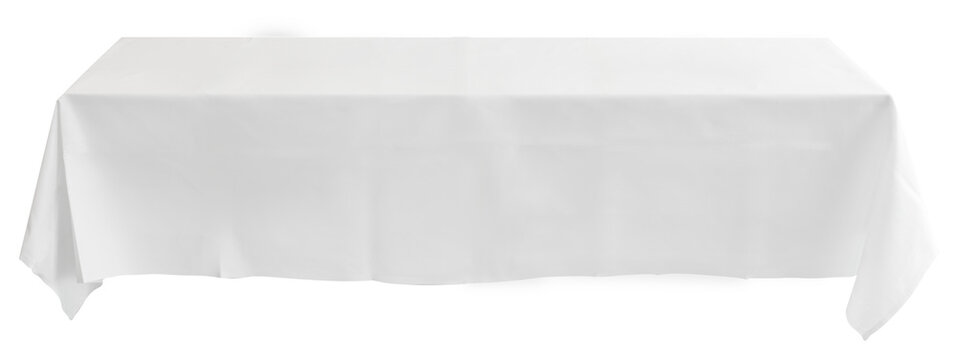 White tablecloth on the table empty mockup. Isolated clipping path on background.
