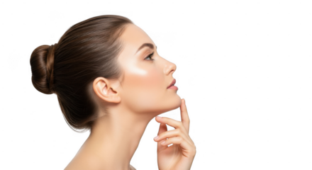 A womans profile with her chin resting on her finger, isolated on transparent background