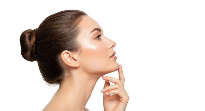 A womans profile with her chin resting on her finger, isolated on transparent background