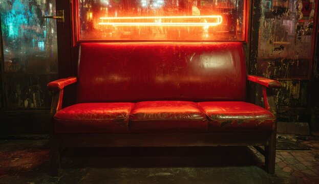 Red vintage couch in a dimly lit bar (1)