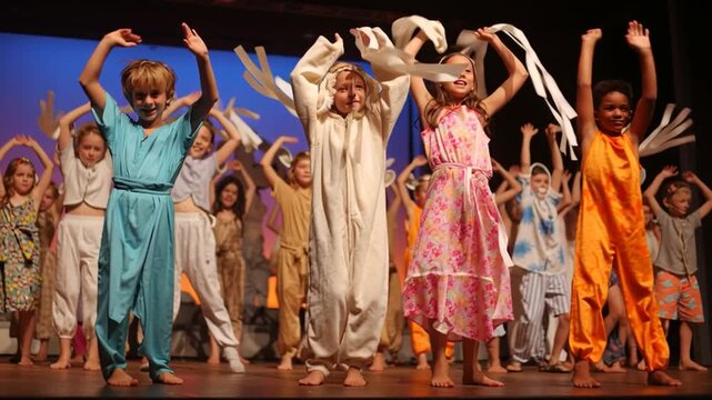 Children Performing on Stage in Costumes at Summer Camp