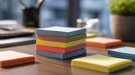 Colorful sticky notes stacked on a wooden desk surrounded by blurred office items and a small potted plant, creating an organized and vibrant workspace environment.