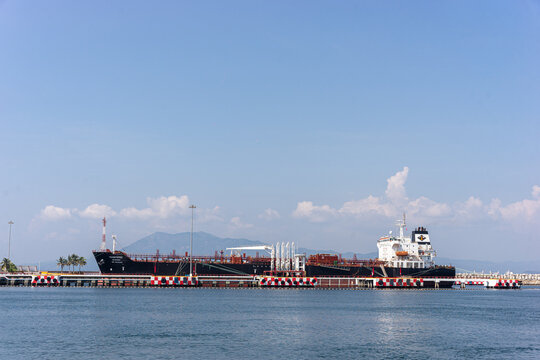 Pemex oil tanker at the RASP in Manzanillo Colima belonging to the XIV Naval Flotilla. Maritime storage and port services terminal for hydrocarbons. Mexico November 02 2024