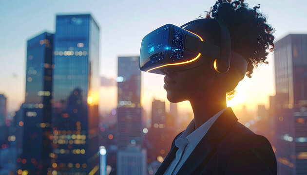 Visionary in the Cityscape: A focused individual, immersed in augmented reality, stands tall against the backdrop of a futuristic cityscape, embodying innovation and technological progress.
