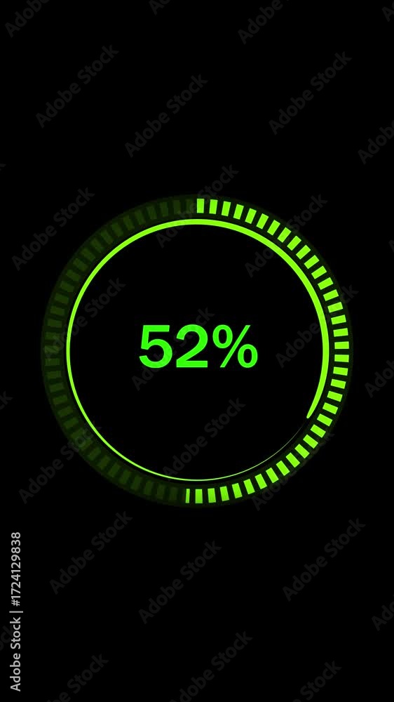 Poster glowing green progress circle animation on black background vertical video. digital user interface g