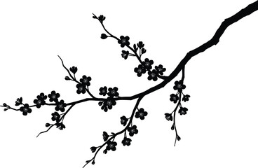 Cherry blossom branch silhouette, floral tree vector, black flower artwork, spring botanical illustration, Japanese sakura bloom, nature clipart design