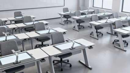 Fototapeta premium Modern Minimalist Classroom with Desks and Chairs