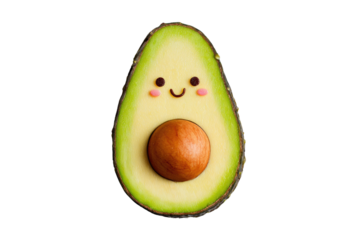A cute, smiling avocado half with a pit, isolated on a transparent background. background removed