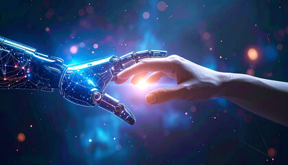Bridging Worlds: Human hand and robot hand connect, symbolizing futuristic harmony in a digital realm of technology. 