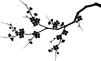 Cherry blossom tree silhouette, floral branch artwork, black flower illustration, spring botanical design, Japanese sakura bloom, nature clipart vector © Amit World