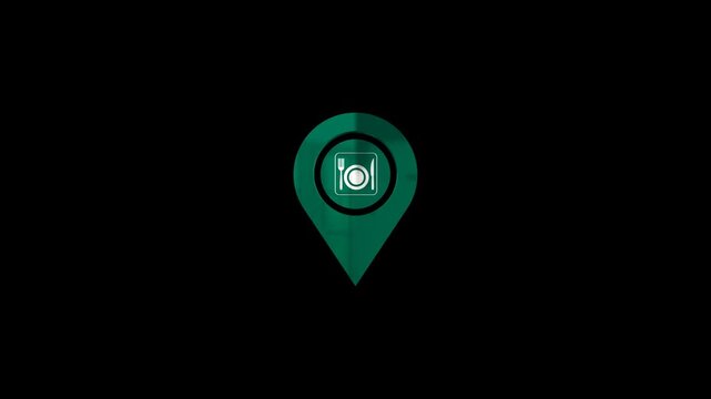 resturant location 3d pin icon animation on transparent, green color pin with white spoon and fork