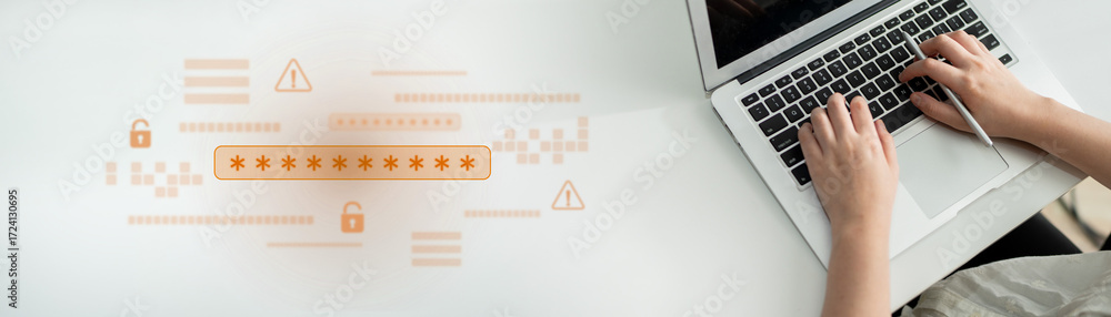 Poster password security breach warning with red asterisk box, cybersecurity alert, lock icons, and critica