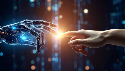 Fototapeta premium Digital Connection: A futuristic image where a metallic robotic hand extends to touch a human hand, creating a spark of energy.