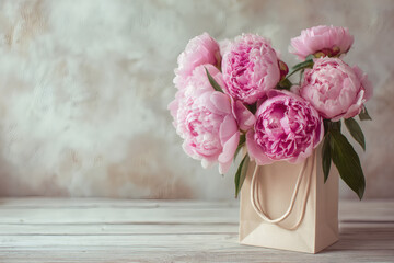 Bolsa de regalo elegante con peonias rosas en tonos neutros