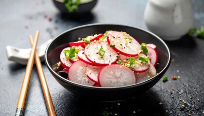 Fresh radish salad in black bowl