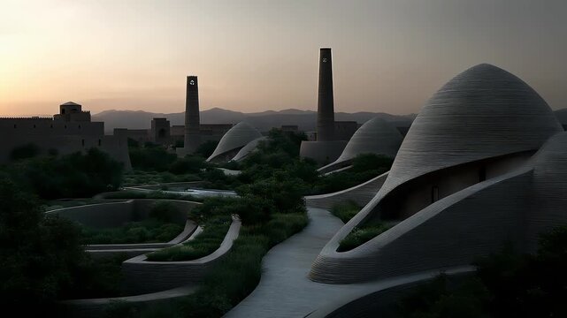 Futuristic Eco-City Architecture Coexisting with Ancient Castles