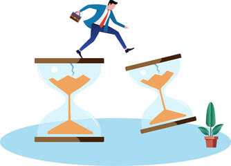 Businessman almost falling from cracked hourglass illustration of over deadline in completing business target. hand drawn martini glass