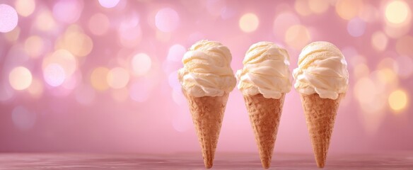 The ice cream cones lined up against a dreamy pink bokeh background
