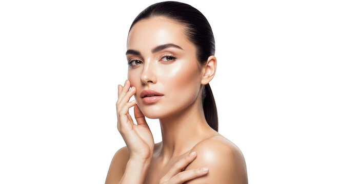 A beautiful woman with glowing skin touches her face gently, isolated on transparent background