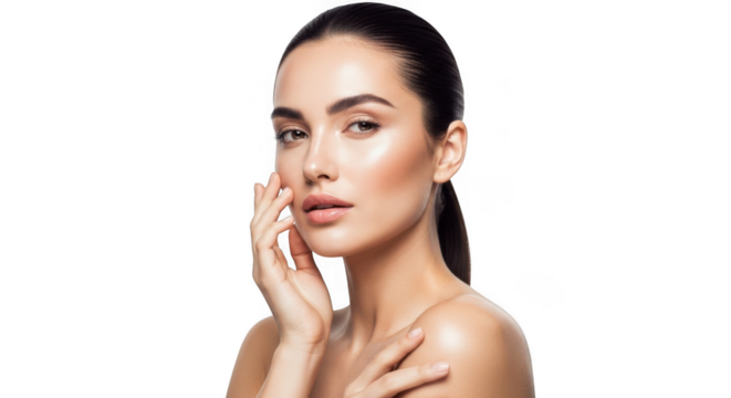 A beautiful woman with glowing skin touches her face gently, isolated on transparent background