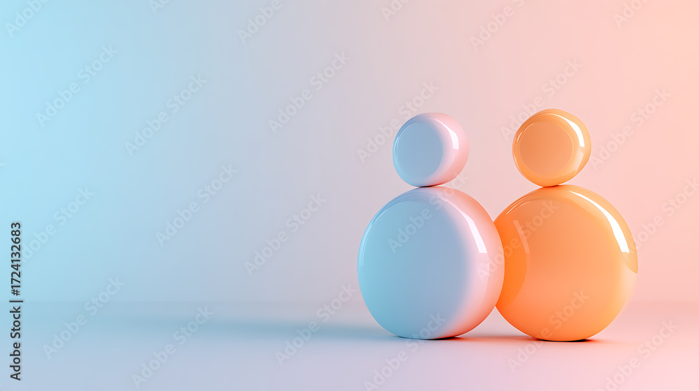 Poster abstract representation of community using spheres in calming blue and warm orange tones. modern and