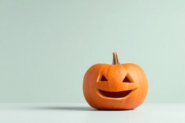 Cheerful carved pumpkin with friendly smile against soft green b