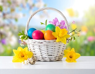 Easter basket filled with colorful eggs and flowers on a table