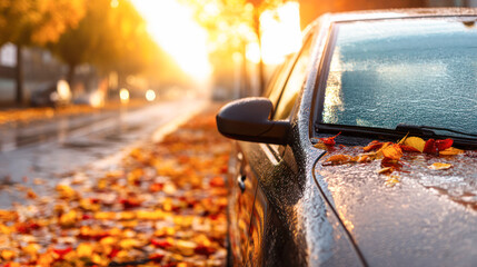Car parked on a wet street covered with colorful autumn leaves, illuminated by warm sunlight, creating a serene fall atmosphere with reflections