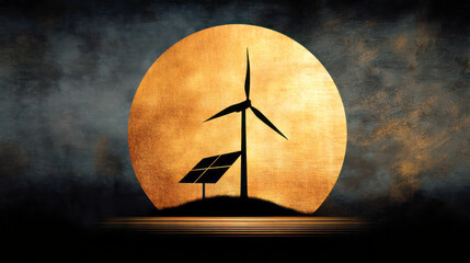 Renewable energy concept featuring wind turbine and solar panels silhouetted against a large golden moon, symbolizing sustainable power solutions