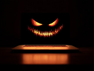 A glow-in-the-dark laptop screen with a Halloween face is a spooky technology concept for cybersecurity, online threats, or holiday digital campaigns. Pumpkin head, jack-o-lantern
