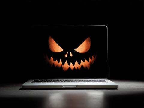 A glow-in-the-dark laptop screen with a Halloween face is a spooky technology concept for cybersecurity, online threats, or holiday digital campaigns. Pumpkin head, jack-o-lantern
